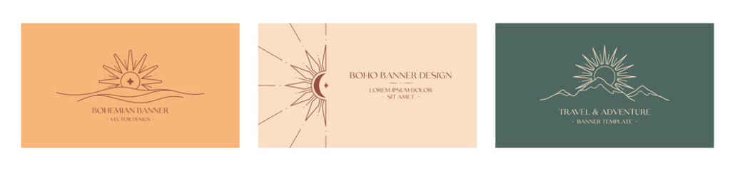 Wall Mural - Vector travel and celestial logo design with mountain landscape,sea waves,sun.Boho linear icons or symbols in minimalist style.Modern hike,camp or glamping resort label.Branding design,website banner