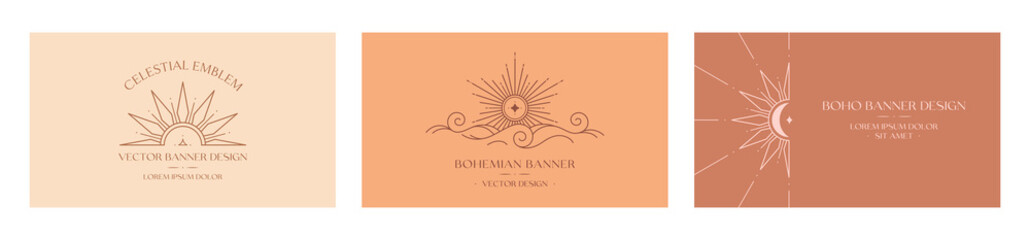 Wall Mural - Vector bohemian logo designs with sun,cloud or sea waves and light rays.Boho linear icons or symbols in minimalist style.Modern celestial emblems.Branding design,website banner,social media templates.