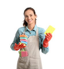 Wall Mural - Young woman with sponges on white background