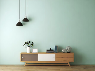 Mockup wall with cabinet and objects, blue painted wall, and 2 black hanging lamp .3d rendering. 3d illustration.