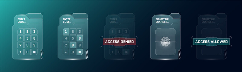 HUD digital futuristic user interface PIN code entry panel set. Sci Fi high tech protection screens. Gaming menu fingerprint scanner and number touching dashboard. Cyber space biometric id keypad. Eps