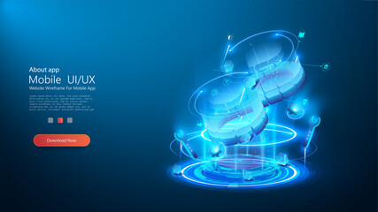 An extended devops concept illustrating devops tools in a futuristic blue circle. DevOps process banner. Development of an Internet application, online website service, landing page layout. Vector
