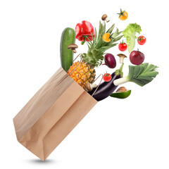 Sticker - Kraft paper bag with different fruits and vegetables on white background