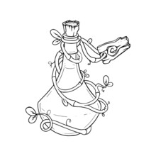 Potion Bottle For Games. Sketch Of Vine Covered Elixir Bottle. Vector Illustration Isolated In White Background