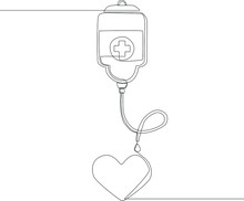 Continuous One Line Drawing Blood Donation Line With The Line Connecting Dropper And Heart. Single Line Draw Design Vector Graphic Illustration.