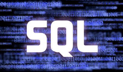 Word sql and abstract cyberspace with binary code on dark background . sql programing language

