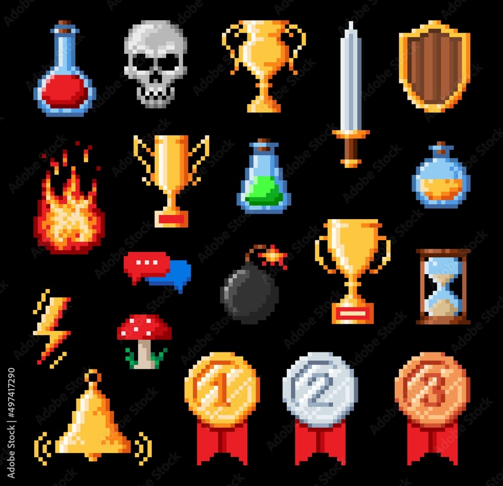 Retro pixel art vector icons of 8 bit game asset. Weapon, prize, medal ...