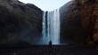 Man walking to Icelandic waterfall Skogafoss in Iceland, near the Skogar, slow-motion background wallpapers. Beautiful landscape. High quality 4k footage. Wide angle shot.