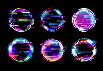 Wall Mural - Abstract neon glow circle glitch vector frames. Futuristic ring glitch distortion and screen bug light effects frame border lines with static noise on black background, future technology