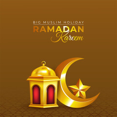 Wall Mural - Ramadan kareem vector greetings design with lantern in gold crescent moon and star in dark background. Vector illustration design