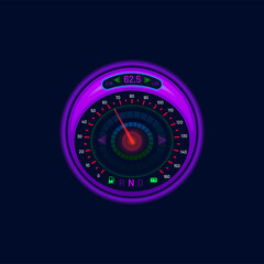 Aufkleber - Futuristic car speedometer or gauge dial, neon LED speed meter, vector dashboard. Car speedometer and digital, auto technology interface, speed counter or tachometer indicators panel on glow display