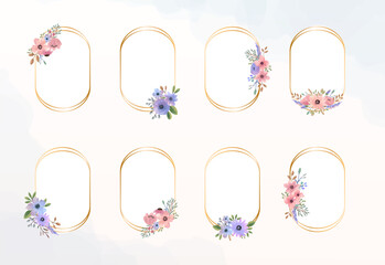 Poster - Golden round ellipse arch with watercolor floral bouquet element. Set of watercolor flower frame.