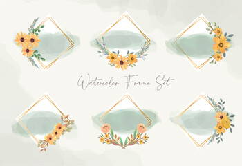 Poster - Golden geometric diamond shape frame with watercolor floral element.