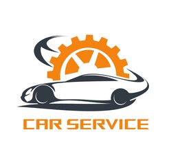 Sticker - Car service icon vehicle maintenance, auto repair or mechanic garage. Automobile repair shop or automotive workshop isolated vector symbol with black car and orange gear wheel silhouettes