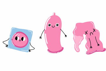 Condom character. Cartoon packed and used condom. Safe sex, contraception. Cute emoji preservative. Vector illustration set on a white background.