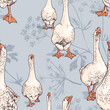 Seamless wallpaper pattern. Gooses group on a herbal background. Textile composition, hand drawn style print. Vector illustration.