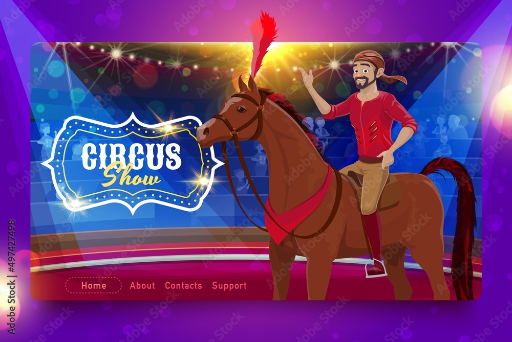 Shapito circus vector landing page with cartoon horse rider acrobat on ...