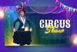 Shapito circus cartoon smiling magician mage performer on stage vector banner of carnival magic show, chapiteau or amusement park event. Circus magician with costume and turban performing tricks