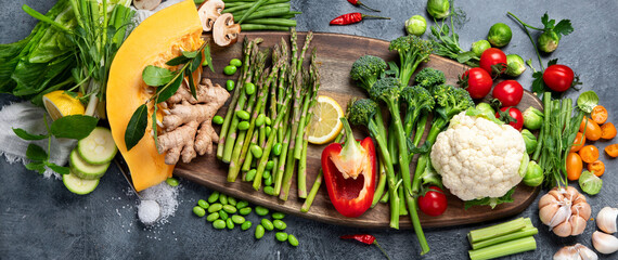 Wall Mural - Delicious raw fruits and vegetables on  background.