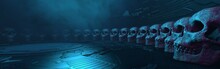 Scary Occult Still Life With Science Fiction Surface. Inside Of An Alien Spaceship. Apocalyptic Scenery With Human Skulls And Blue Fog. 3D Rendering