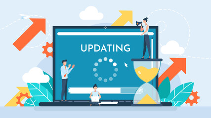 Software update or operating system. Updating progress bar. Installing app patch. Upgrade to keep the device up to date with added functionality in the new version. Flat design. Business illustration.