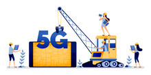 Illustration Design Of Engineer Implements 5g System Technology With Mobile Apps For Easy Communication. Vector Can Be Used To Web, Website, Poster, Mobile Apps, Brochure Ads, Flyer, Business Card