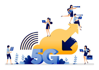 Wall Mural - Illustration design of 5g internet that communicates with the cloud for easy upload and download access. Vector can be used to landing page, web, website, poster, mobile apps, ads, flyer, business