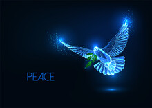 Futuristic Peace Concept With Glowing Low Polygonal Flying Dove With Olive Branch Isolated On Dark Blue 