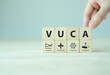 VUCA and strategic management. Wooden cubes with VUCA icon and text; volatility, uncertainty, complexity, ambiguity with grey background. Smart management for new trend and rapid transition.