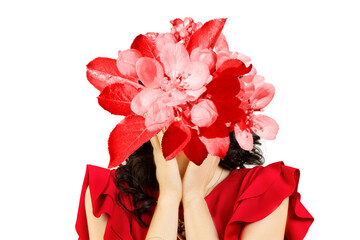 Surrealistic portrait of a girl in a red dress with a flower instead of a face.