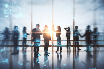 Backlit businesspeople working tohether in abstract creative blurry office interior with business charts and binary code. System engineering and digital transformation concept. Double exposure.