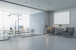 Modern concrete office interior with empty white mock up poster on wall, couch, matte partition glass, furniture, equipment and city view with daylight. 3D Rendering.