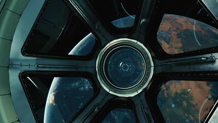 Wall Mural - View from the porthole of a space station to the Earth. Spaceship is orbiting the Earth. 