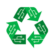E-waste Recycling Concept. Recycle Sign With Microchip Components. Reusable Electronic Trash. Refurbished Computer Industry Product. Renewable Discarded Device. Vector Illustration, Flat, Clip Art. 