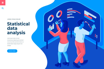 statistical data analysis isometric vector illustration for landing page header template or web bann