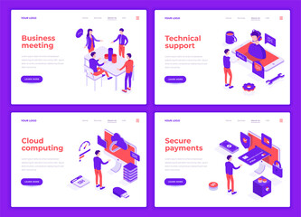 Wall Mural - business people characters interact with icons vector illustrations. landing page templates. 3d isom