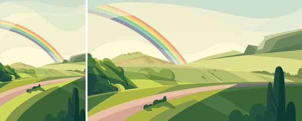 Wall Mural - Landscape with hills and rainbow. Natural scenery in different formats.