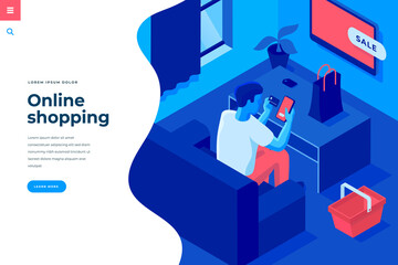 Wall Mural - online shopping isometric vector illustration for landing page header template or web banner with co
