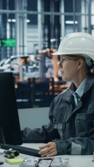 Poster - Vertical Screen. Car Factory: Female Technician Working on Computer. Monitoring, Equipment Production. Automated Robot Arm Assembly Line Manufacturing Electric Vehicles