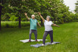 © Studio Romantic - Happy senior couple doing sports exercise in nature. Cheerful positive energetic retired man and woman enjoying outdoor yoga workout on green park lawn in summer. Fitness and healthy lifestyle concept