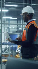 Poster - Vertical Portrait of a African American Engineer Using Laptop in Office at a Car Assembly Plant. Vehicle Factory Line Operator Working on Computer, Overviewing Autonomous Electric Car Production.