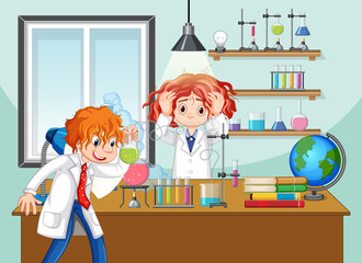 Wall Mural - classroom scene with scientist doing experiment