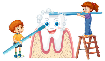 Wall Mural - Happy kids brushing a big tooth with a toothbrush on white background