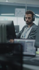 Vertical Screen. Diverse Office: Enthusiastic White IT Programmer Working on Desktop Computer. Male Specialist Creating Innovative Software. Engineer Developing App, Program, Video Game