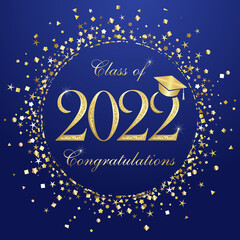 Poster - Educational awards concept. Class of 2022 year greetings. Class off event, shiny golden circle. Isolated abstract graphic design template. Decorative frame. Handwriting calligraphy. Science cylinder.
