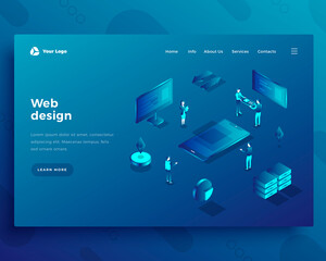 Wall Mural - web design isometric landing page template. programmers creating cross platform software. developers
