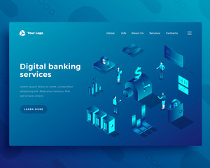 Wall Mural - digital banking isometric landing page template. modern online payment software. internet monetary t