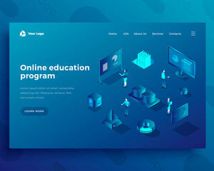Wall Mural - online education program isometric landing page template. global access to knowledge web banner. sel