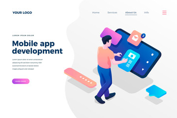 Wall Mural - mobile app development isometric landing page template. male programmer, engineer creating smartphon