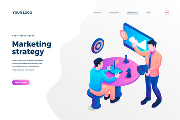 Marketing strategy isometric landing page template. Colleagues, partners, top managers discussing business development cartoon characters. Company growth planning website page design layout